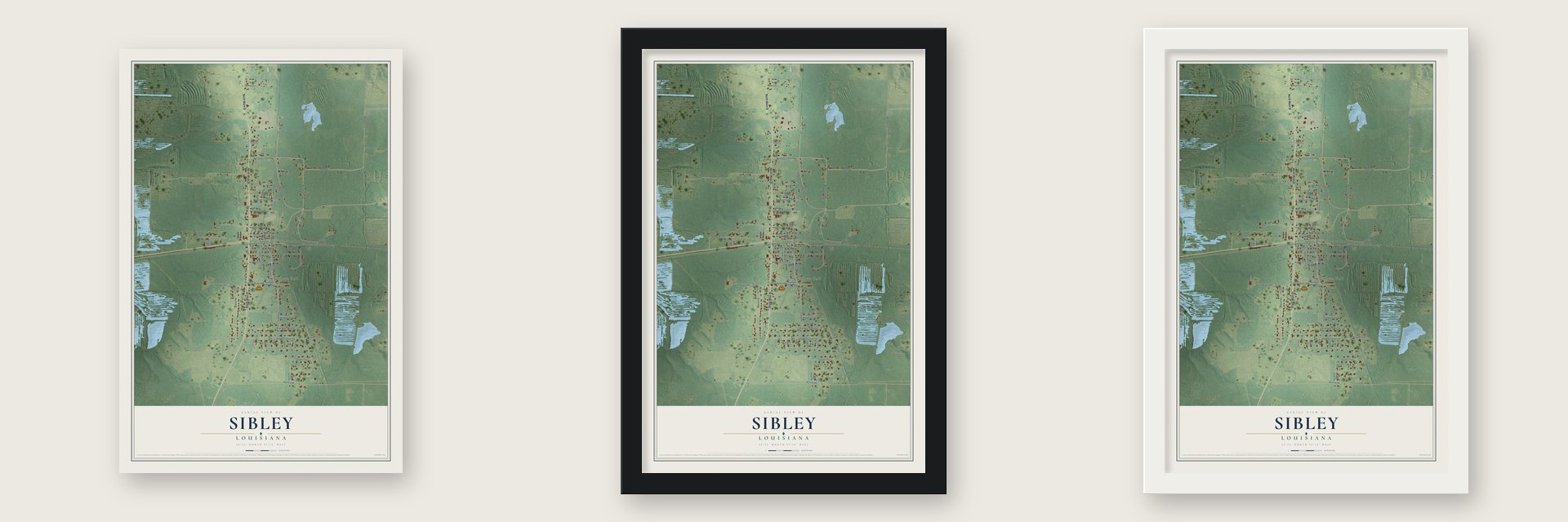 Sibley, Louisiana map unframed, in a black wood frame and in a white wood frame