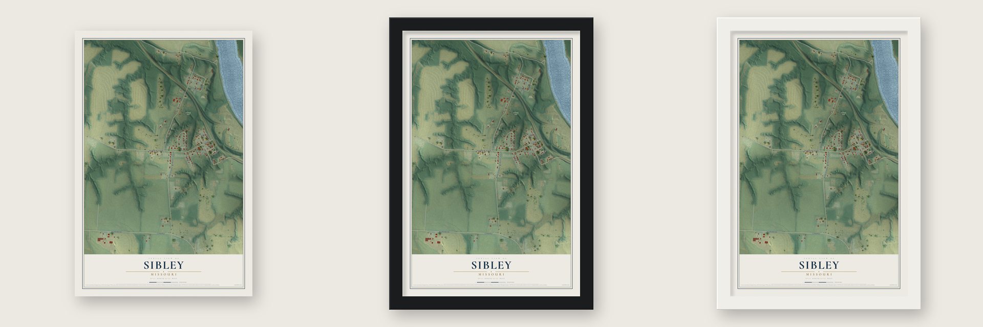 Sibley, Missouri map unframed, in a black wood frame and in a white wood frame