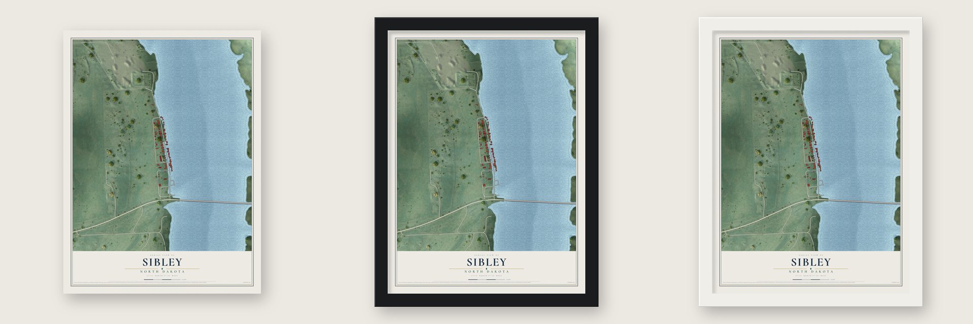 Sibley, North Dakota map unframed, in a black wood frame and in a white wood frame