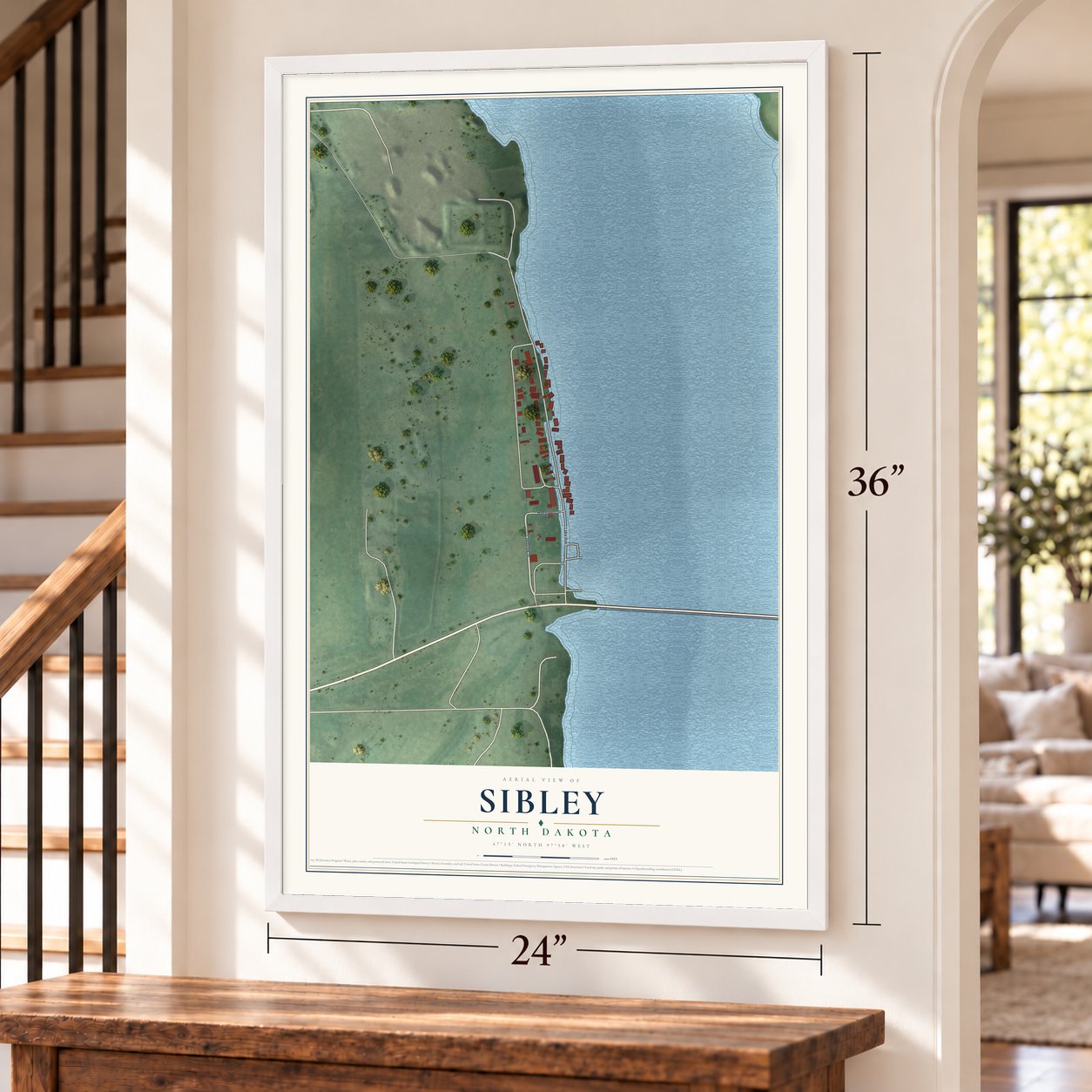 Sibley, North Dakota map, 24 x 36 inch print in a white frame by a staircase