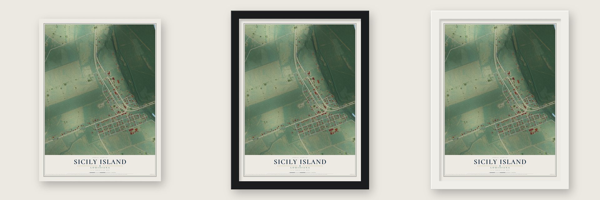Sicily Island, Louisiana map unframed, in a black wood frame and in a white wood frame