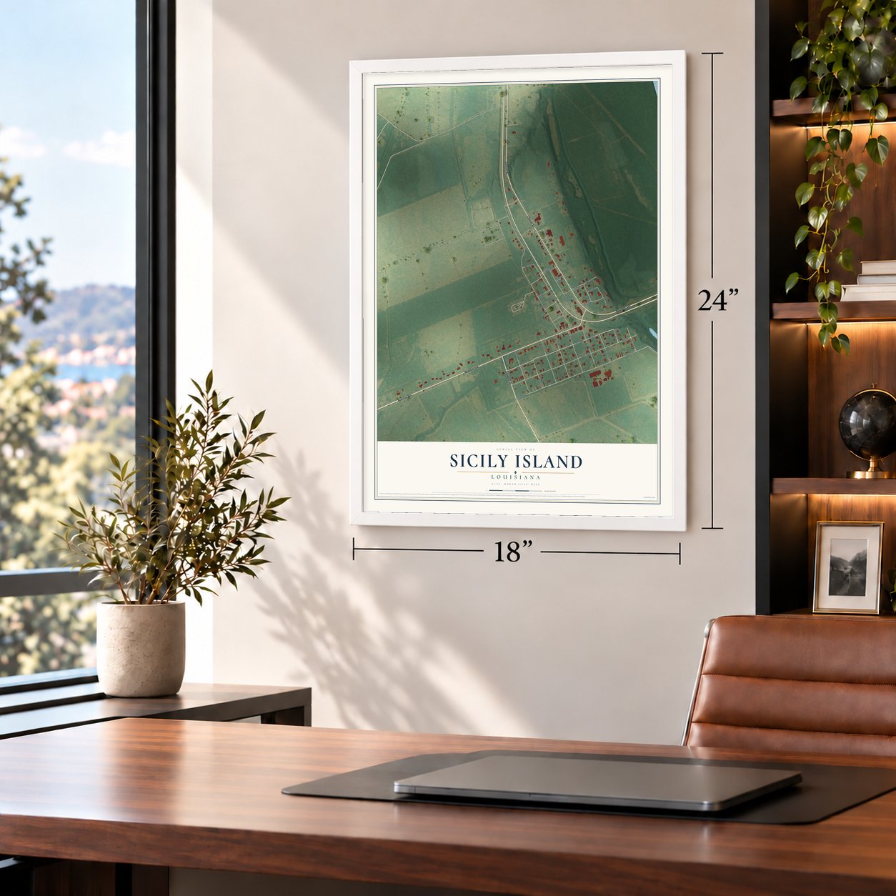 Sicily Island, Louisiana map, 18 x 24 inch print in a white frame in a home office