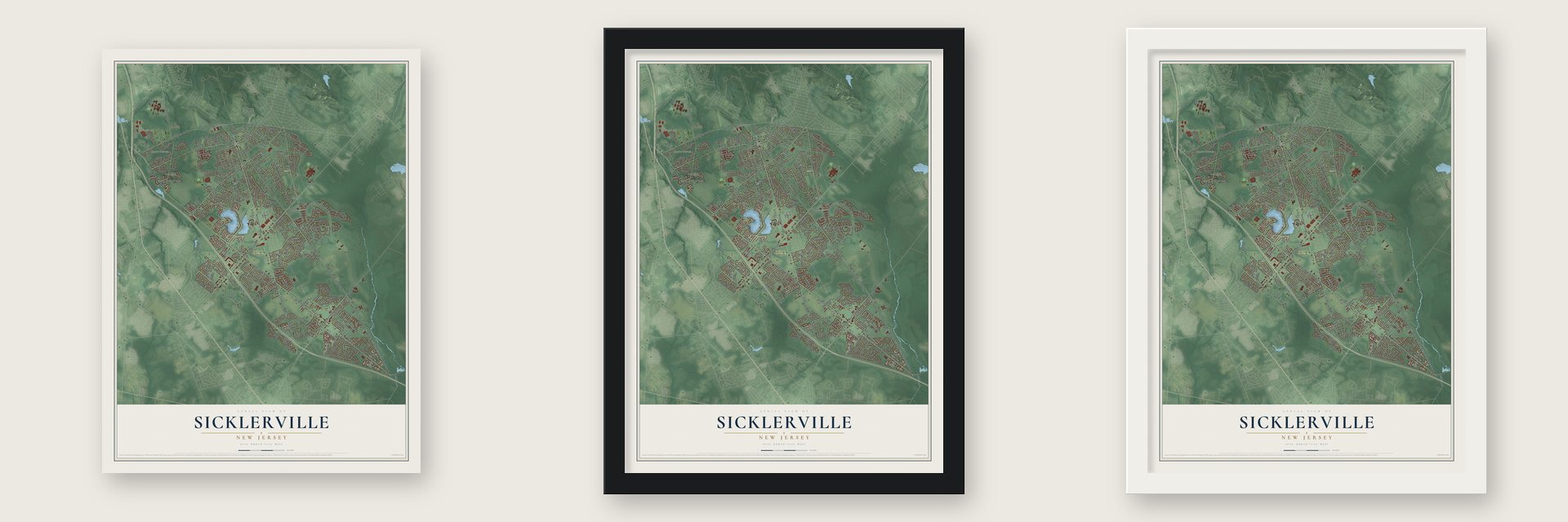 Sicklerville, New Jersey map unframed, in a black wood frame and in a white wood frame