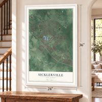 Sicklerville, New Jersey map, 24 x 36 inch print in a white frame by a staircase