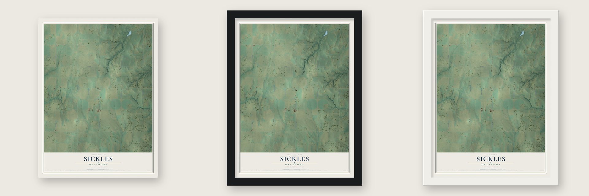 Sickles, Oklahoma map unframed, in a black wood frame and in a white wood frame