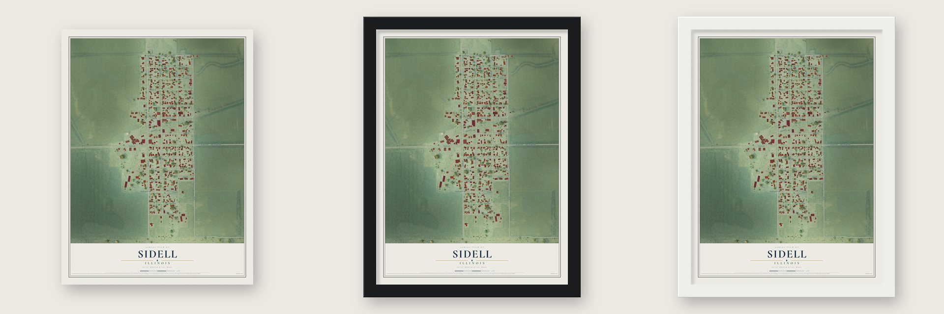 Sidell, Illinois map unframed, in a black wood frame and in a white wood frame