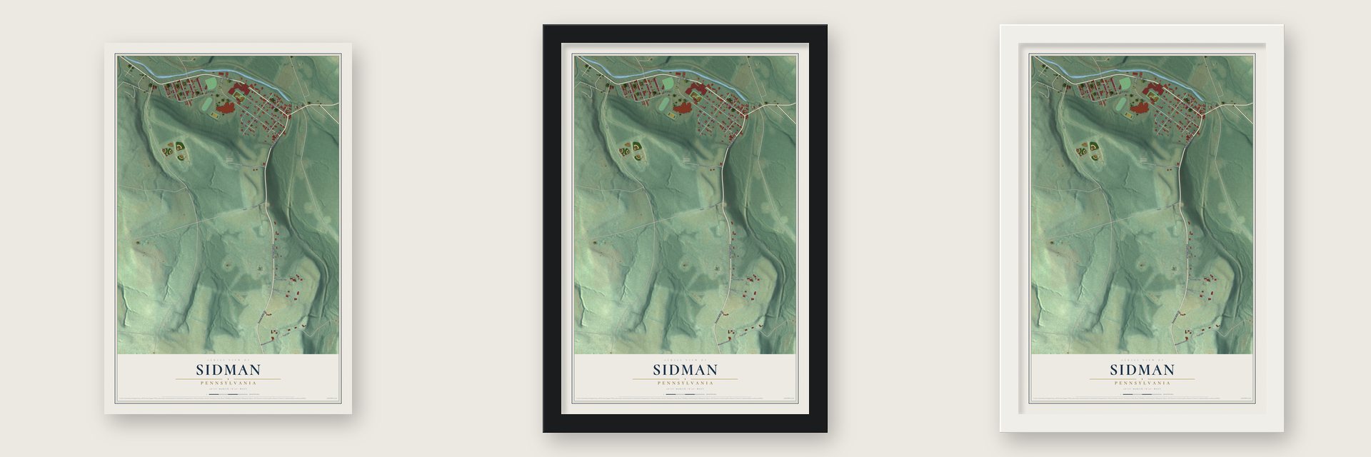 Sidman, Pennsylvania map unframed, in a black wood frame and in a white wood frame