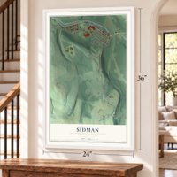 Sidman, Pennsylvania map, 24 x 36 inch print in a white frame by a staircase