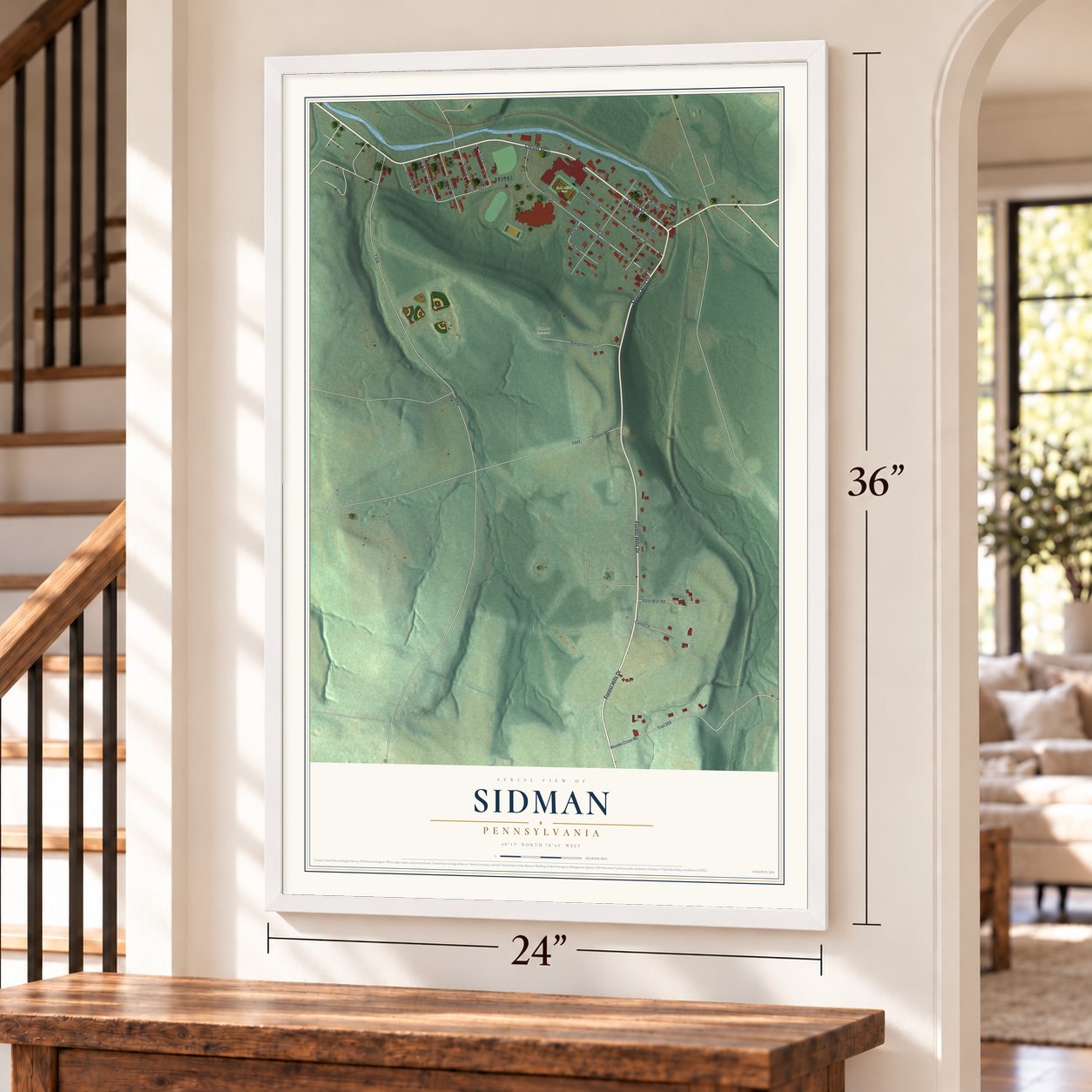 Sidman, Pennsylvania map, 24 x 36 inch print in a white frame by a staircase
