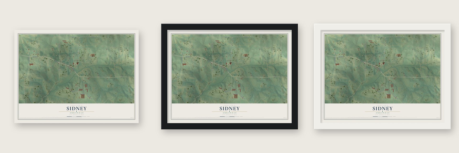 Sidney, Arkansas map unframed, in a black wood frame and in a white wood frame