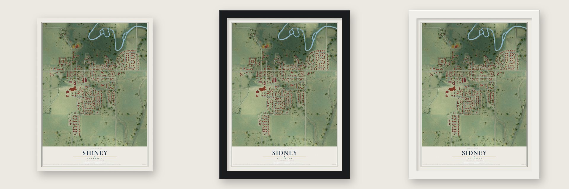 Sidney, Illinois map unframed, in a black wood frame and in a white wood frame