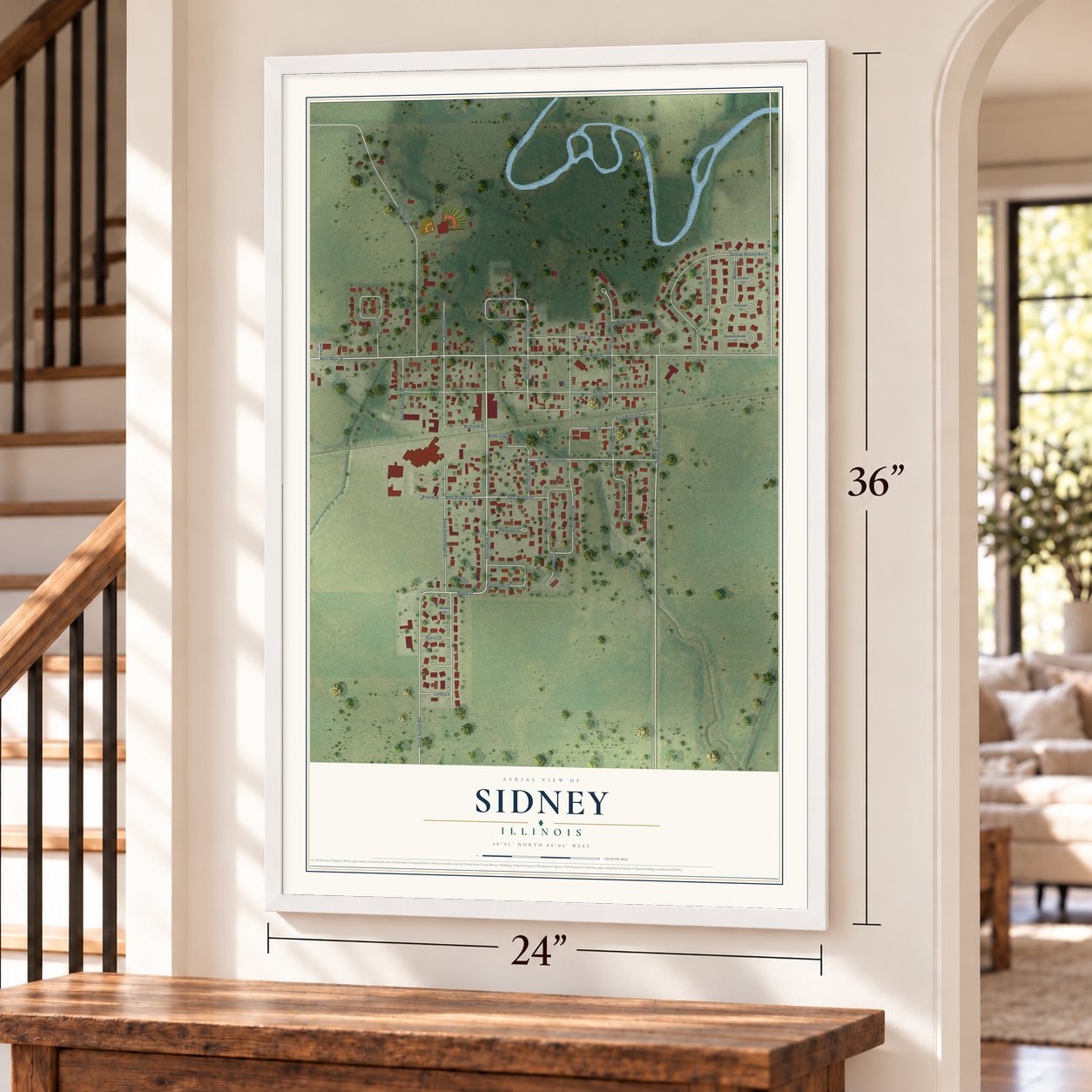Sidney, Illinois map, 24 x 36 inch print in a white frame by a staircase