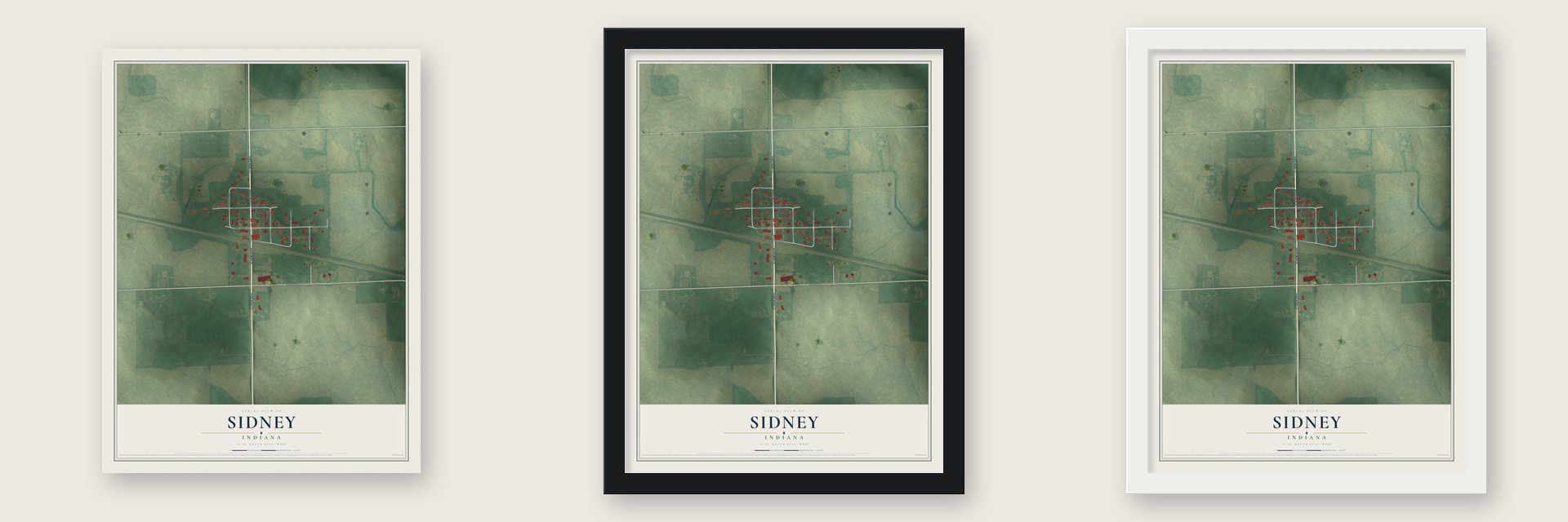 Sidney, Indiana map unframed, in a black wood frame and in a white wood frame