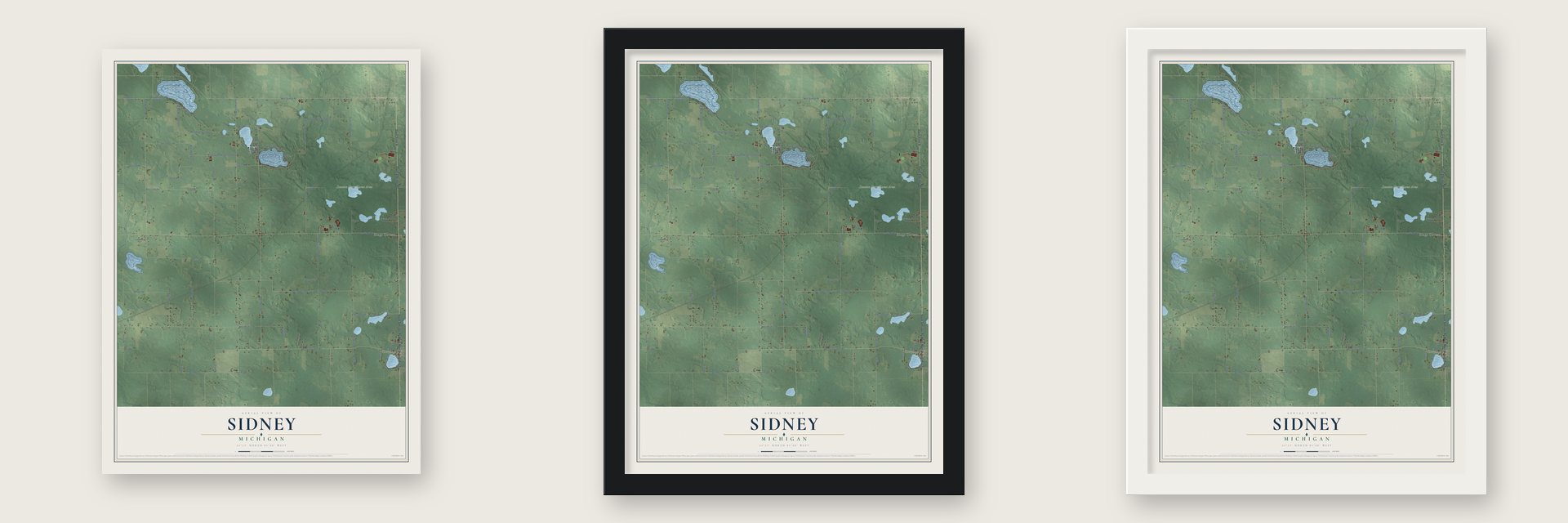 Sidney, Michigan map unframed, in a black wood frame and in a white wood frame