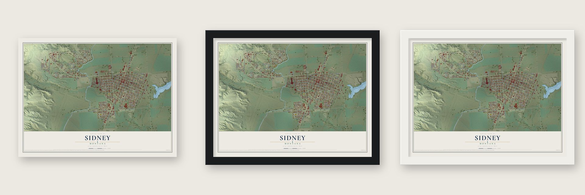 Sidney, Montana map unframed, in a black wood frame and in a white wood frame