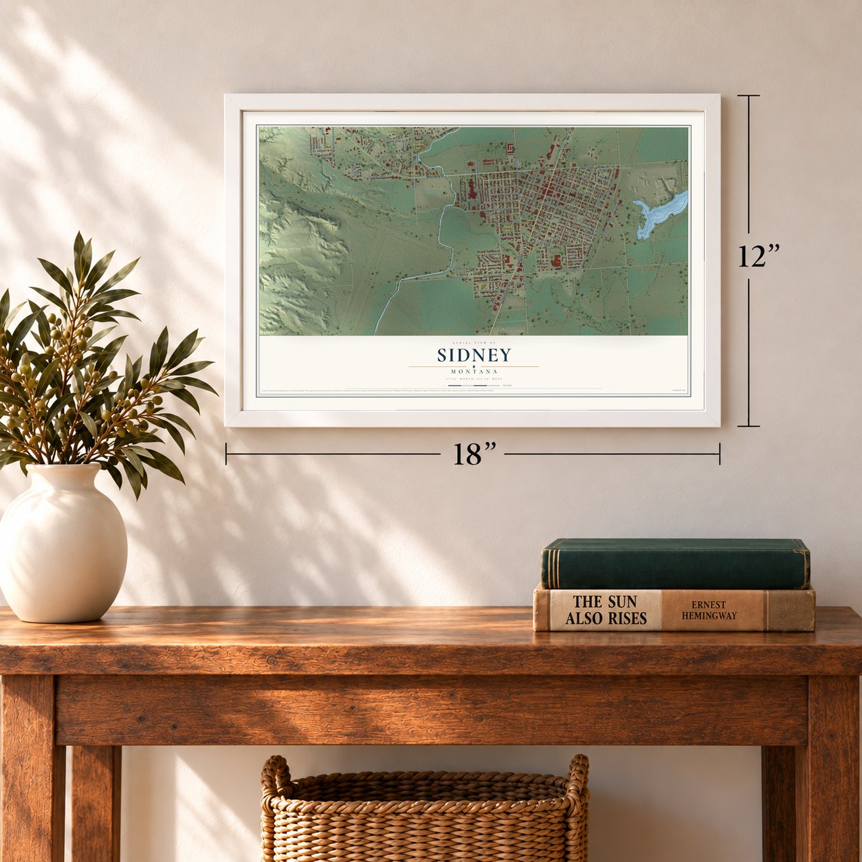 Sidney, Montana map, 12 x 18 inch print in a white frame in an entryway