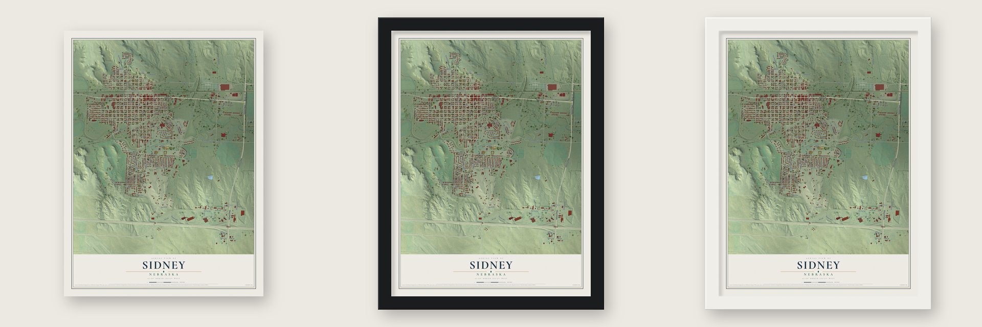 Sidney, Nebraska map unframed, in a black wood frame and in a white wood frame