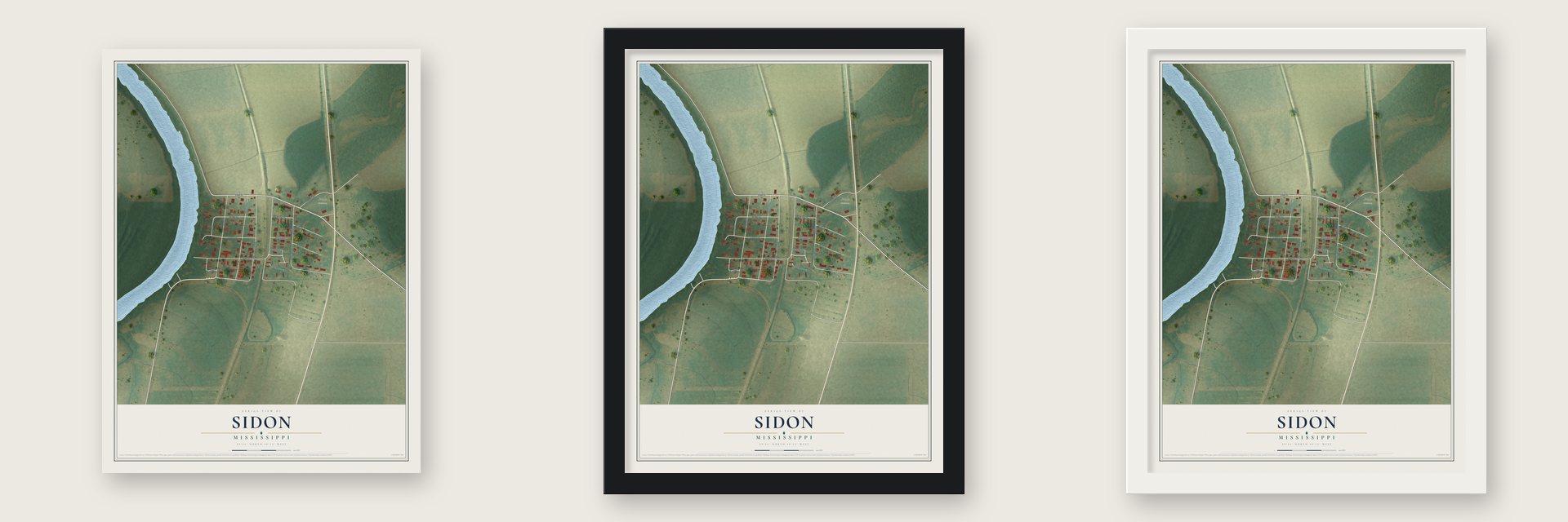 Sidon, Mississippi map unframed, in a black wood frame and in a white wood frame