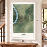 Sidon, Mississippi map, 24 x 36 inch print in a white frame by a staircase