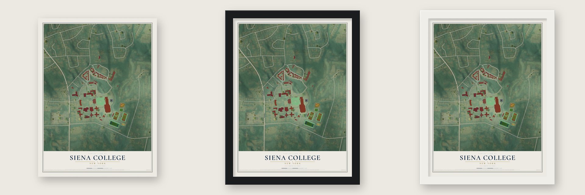 Siena College, New York map unframed, in a black wood frame and in a white wood frame