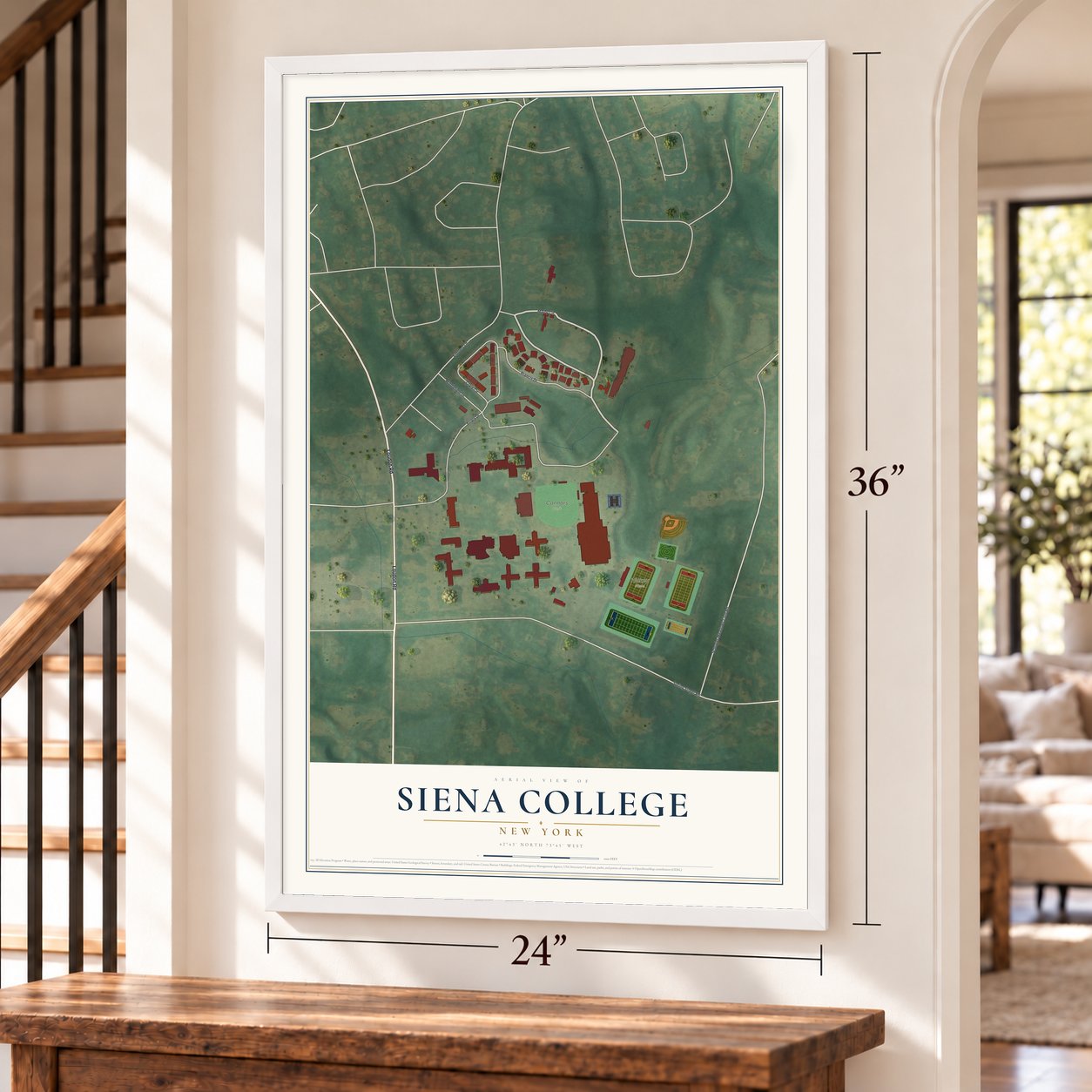 Siena College, New York map, 24 x 36 inch print in a white frame by a staircase