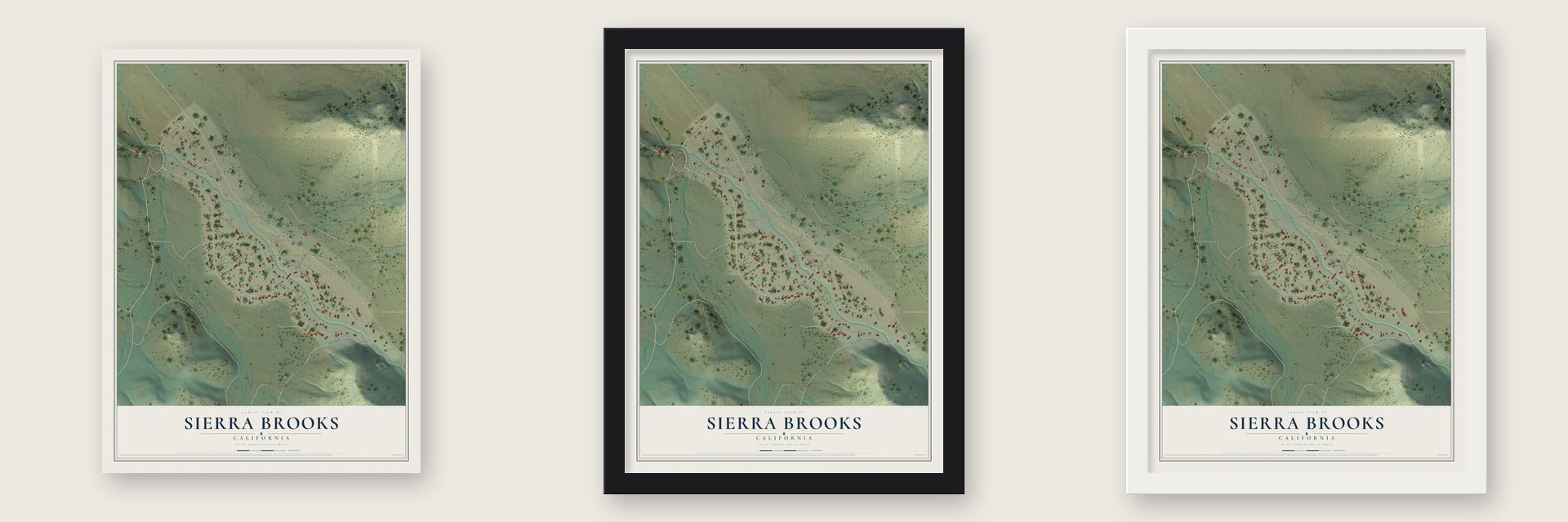 Sierra Brooks, California map unframed, in a black wood frame and in a white wood frame