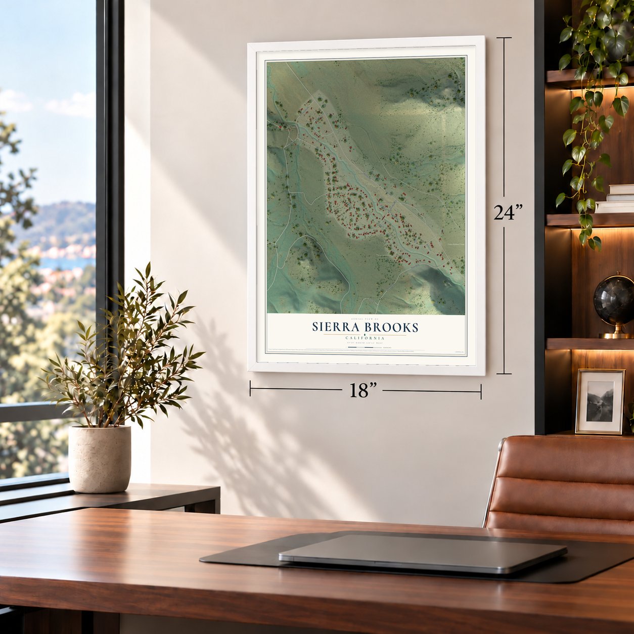Sierra Brooks, California map, 18 x 24 inch print in a white frame in a home office