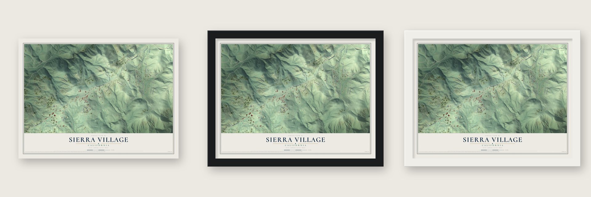 Sierra Village, California map unframed, in a black wood frame and in a white wood frame