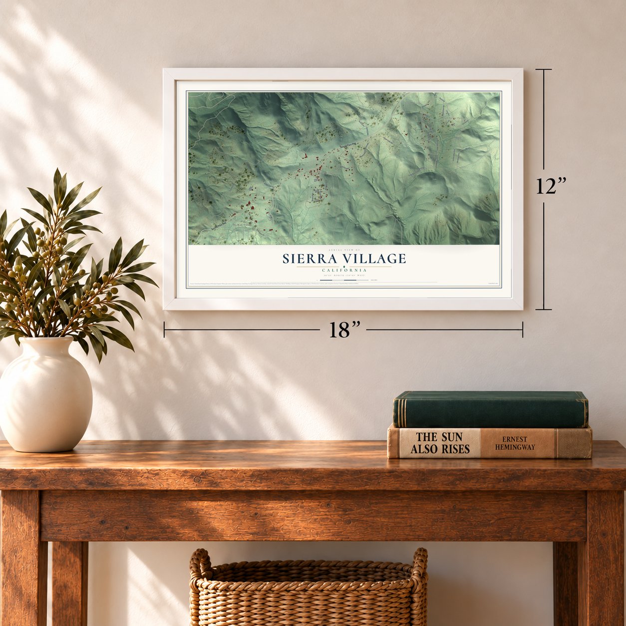 Sierra Village, California map, 12 x 18 inch print in a white frame in an entryway