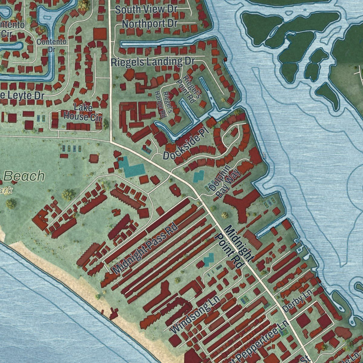 Second close-up of the map of Siesta Key, Florida print showing more streets and buildings