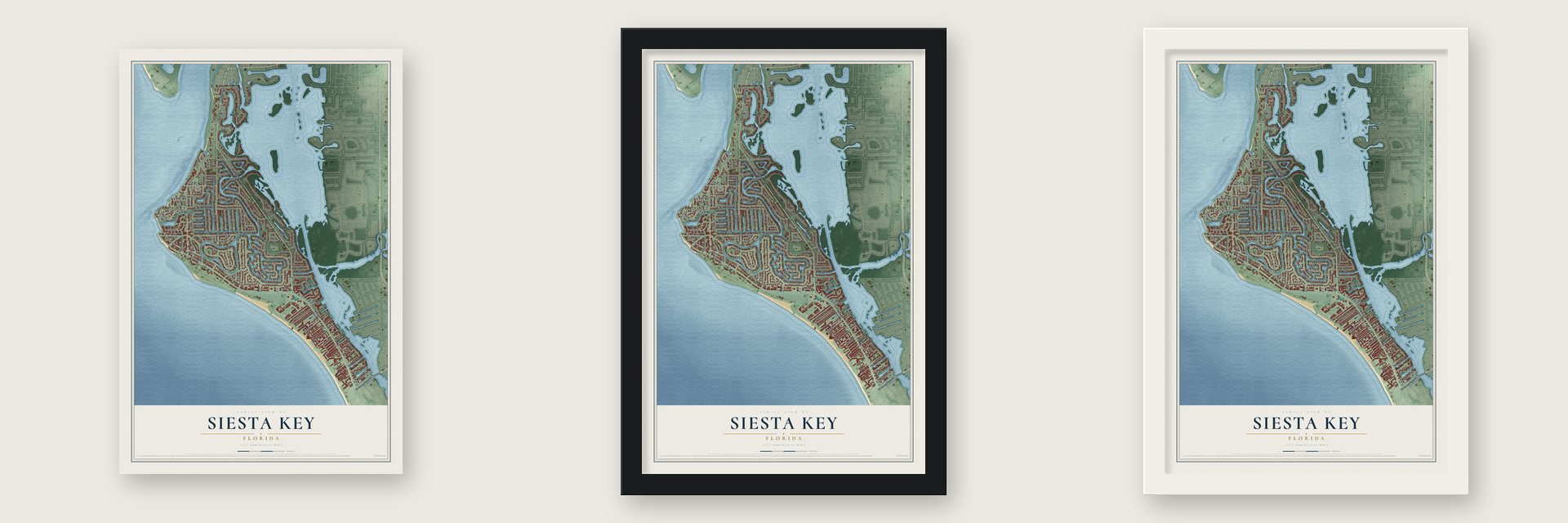 Siesta Key, Florida map unframed, in a black wood frame and in a white wood frame