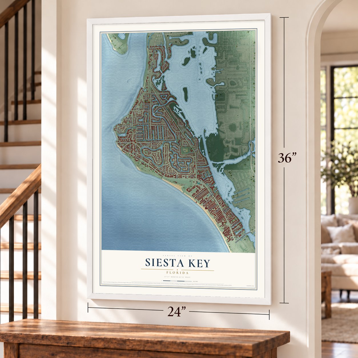 Siesta Key, Florida map, 24 x 36 inch print in a white frame by a staircase