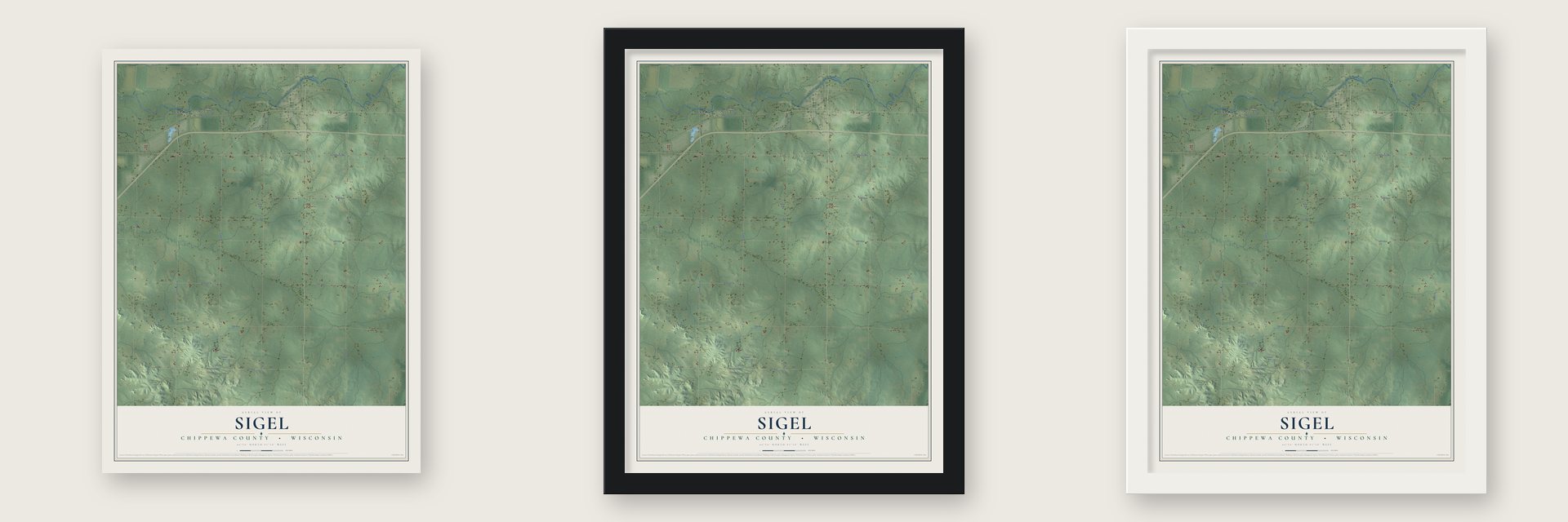 Sigel, Chippewa County, Wisconsin map unframed, in a black wood frame and in a white wood frame
