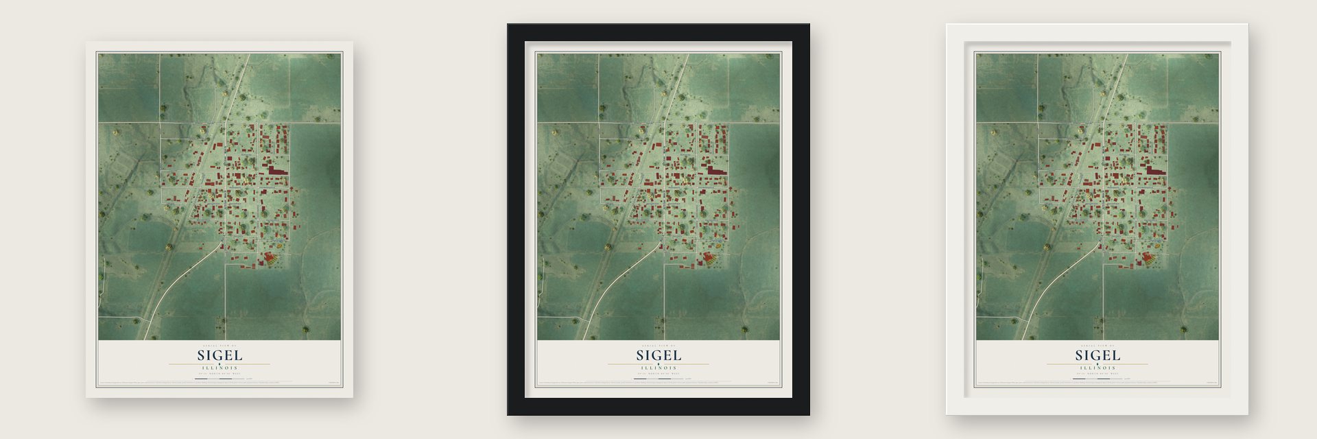Sigel, Illinois map unframed, in a black wood frame and in a white wood frame