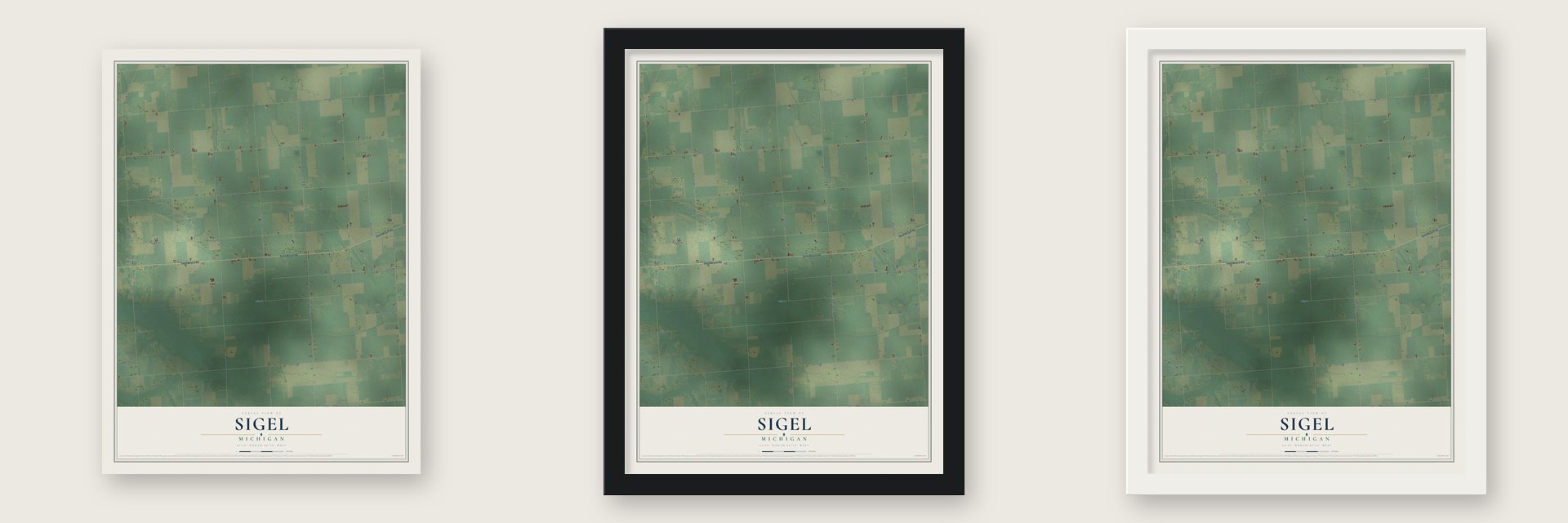 Sigel, Michigan map unframed, in a black wood frame and in a white wood frame
