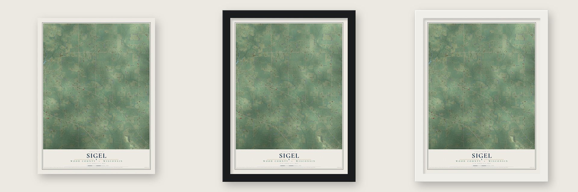 Sigel, Wood County, Wisconsin map unframed, in a black wood frame and in a white wood frame