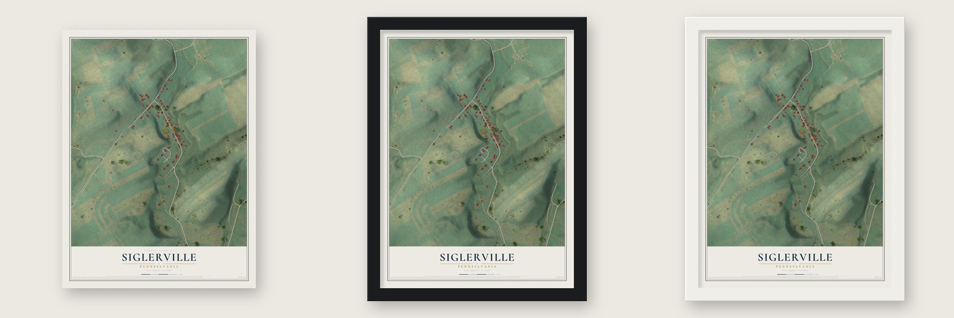 Siglerville, Pennsylvania map unframed, in a black wood frame and in a white wood frame