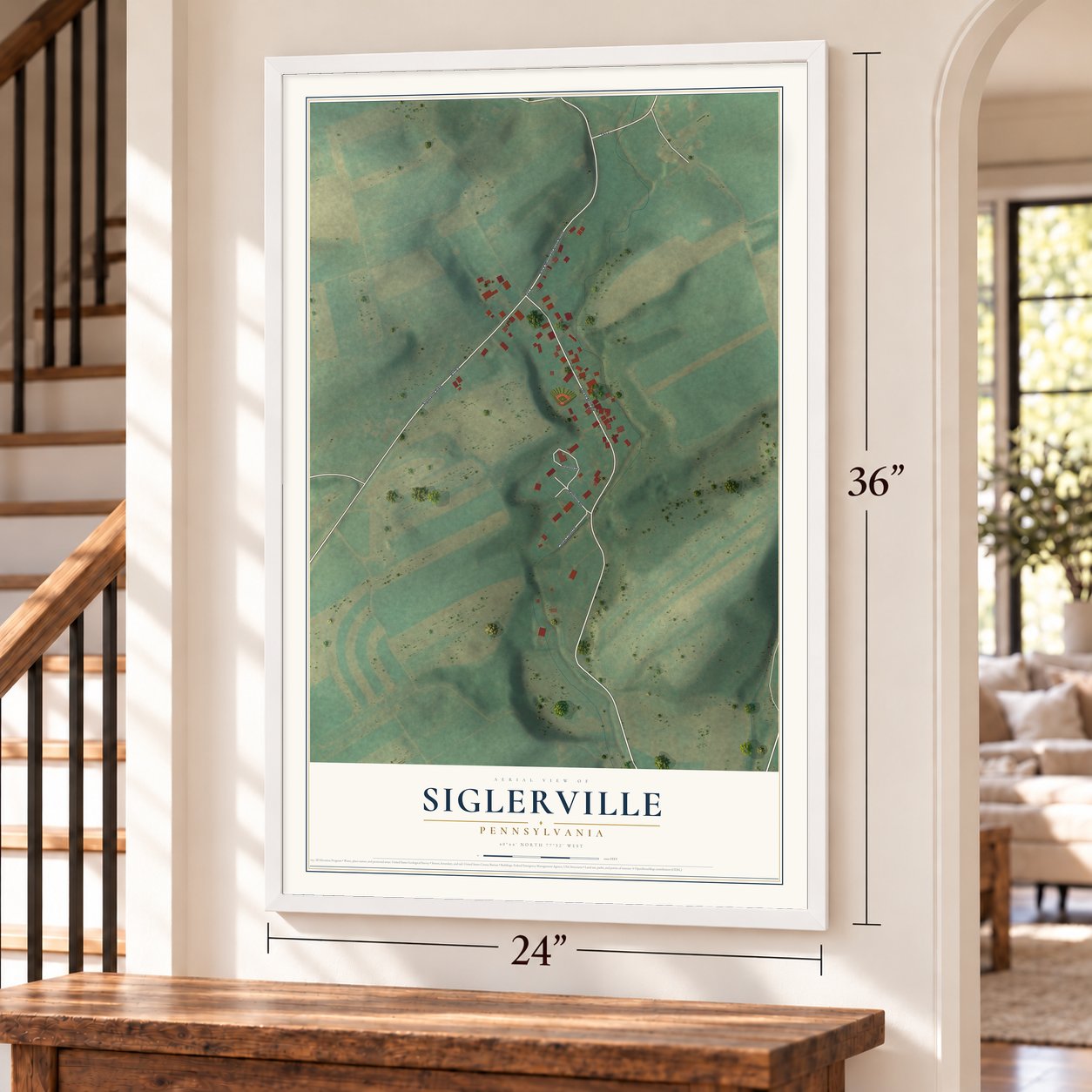 Siglerville, Pennsylvania map, 24 x 36 inch print in a white frame by a staircase