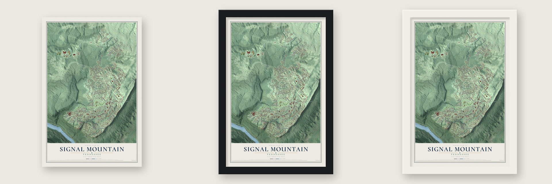 Signal Mountain, Tennessee map unframed, in a black wood frame and in a white wood frame