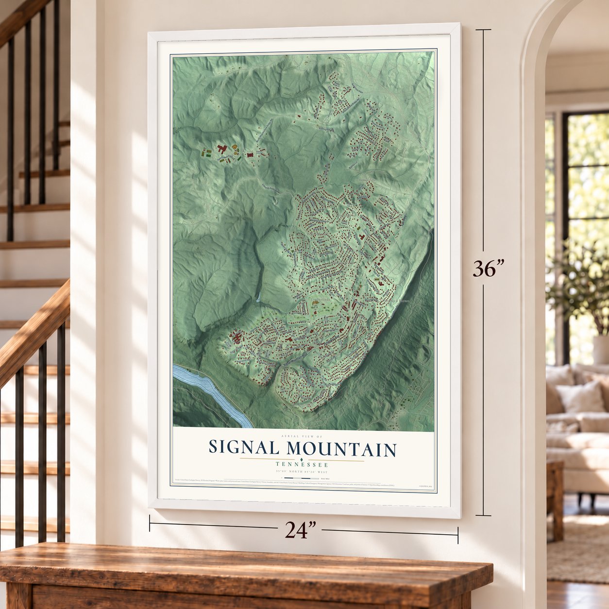 Signal Mountain, Tennessee map, 24 x 36 inch print in a white frame by a staircase