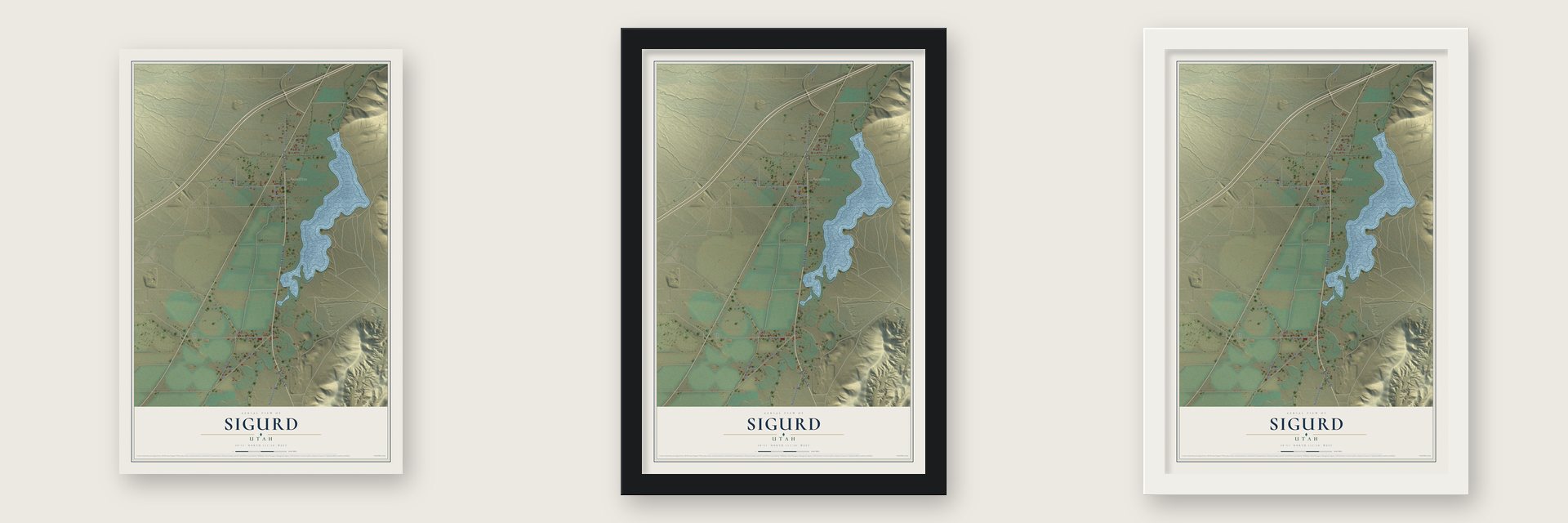 Sigurd, Utah map unframed, in a black wood frame and in a white wood frame
