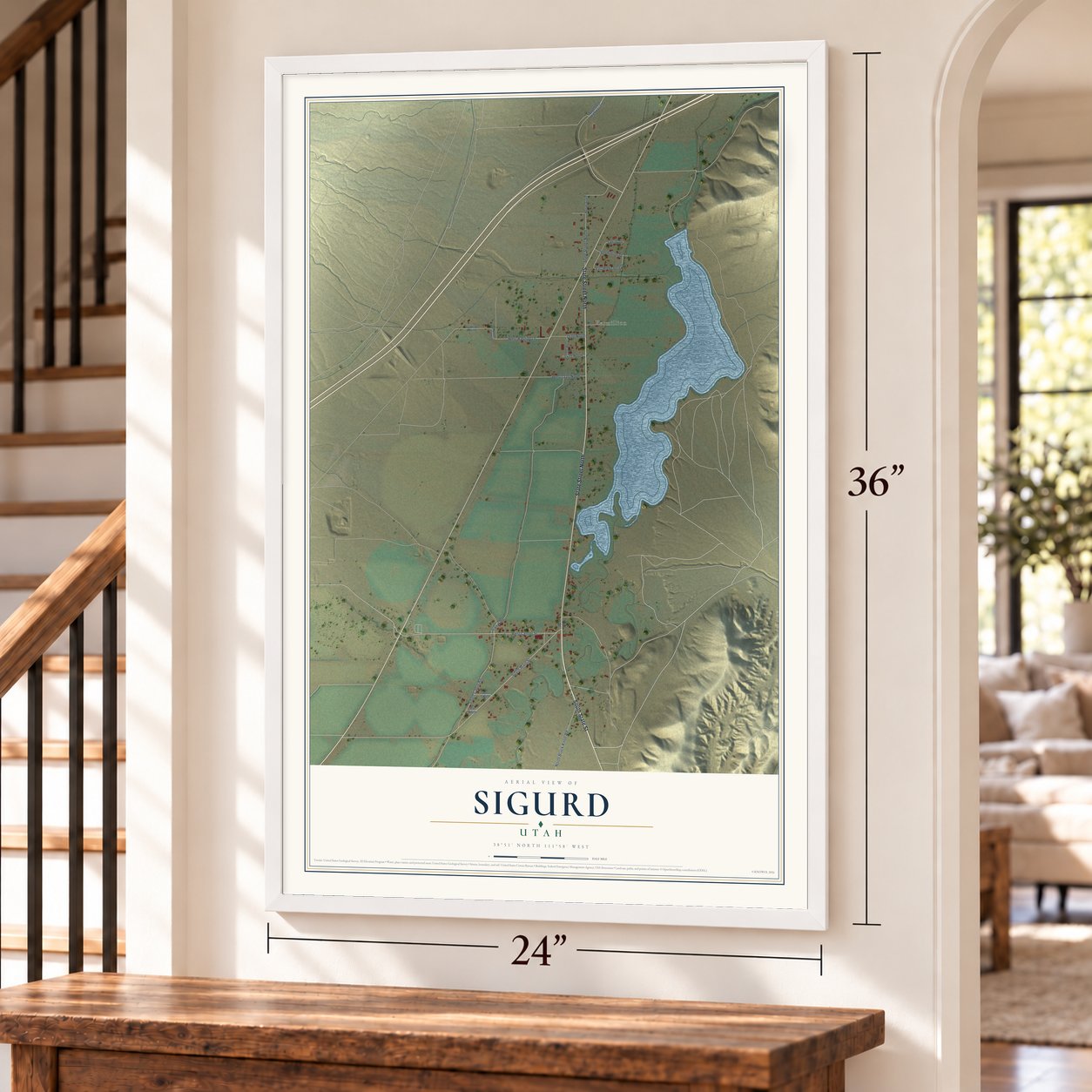 Sigurd, Utah map, 24 x 36 inch print in a white frame by a staircase