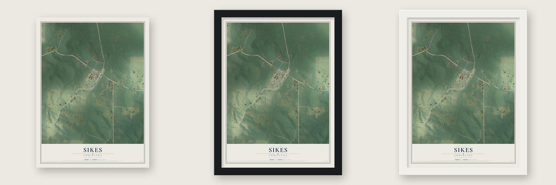 Sikes, Louisiana map unframed, in a black wood frame and in a white wood frame