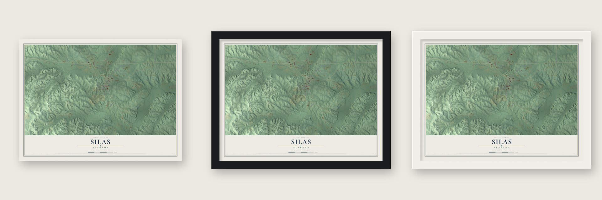 Silas, Alabama map unframed, in a black wood frame and in a white wood frame