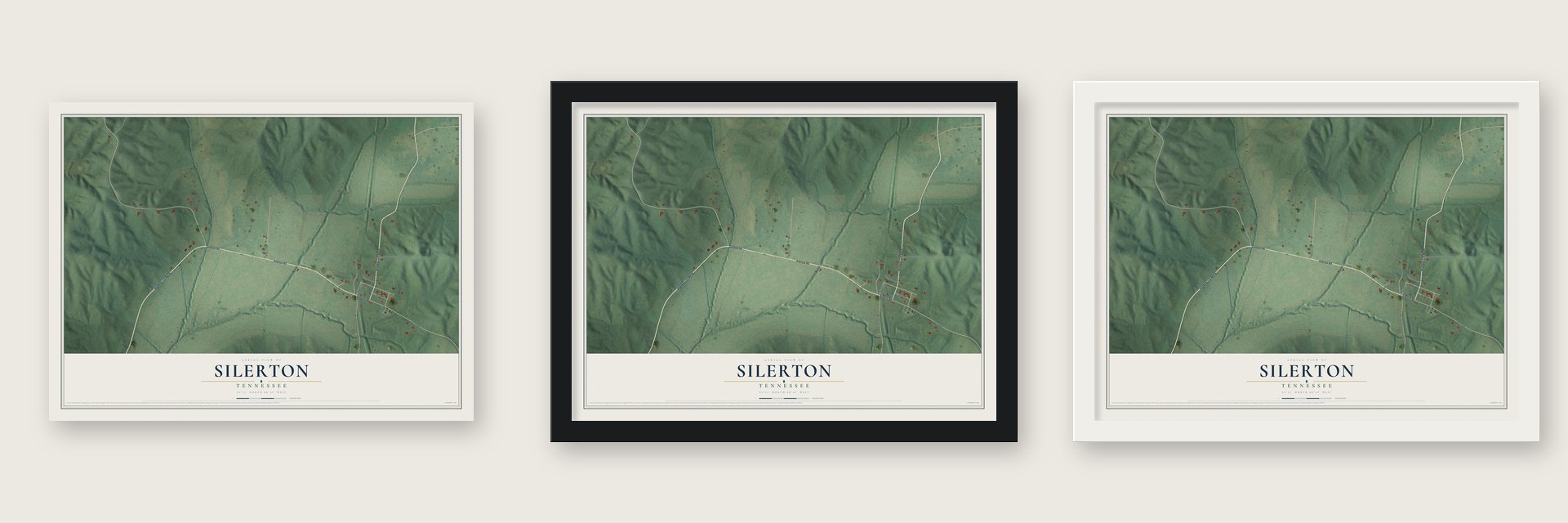 Silerton, Tennessee map unframed, in a black wood frame and in a white wood frame