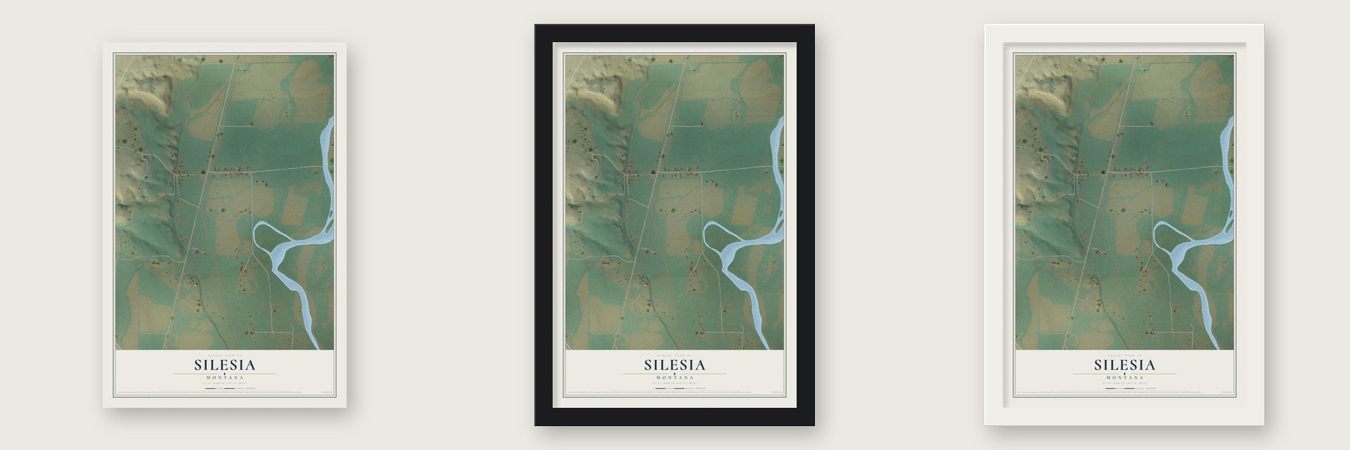 Silesia, Montana map unframed, in a black wood frame and in a white wood frame