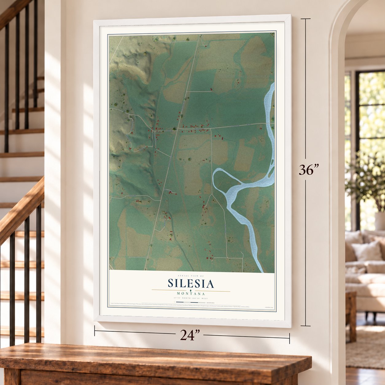 Silesia, Montana map, 24 x 36 inch print in a white frame by a staircase