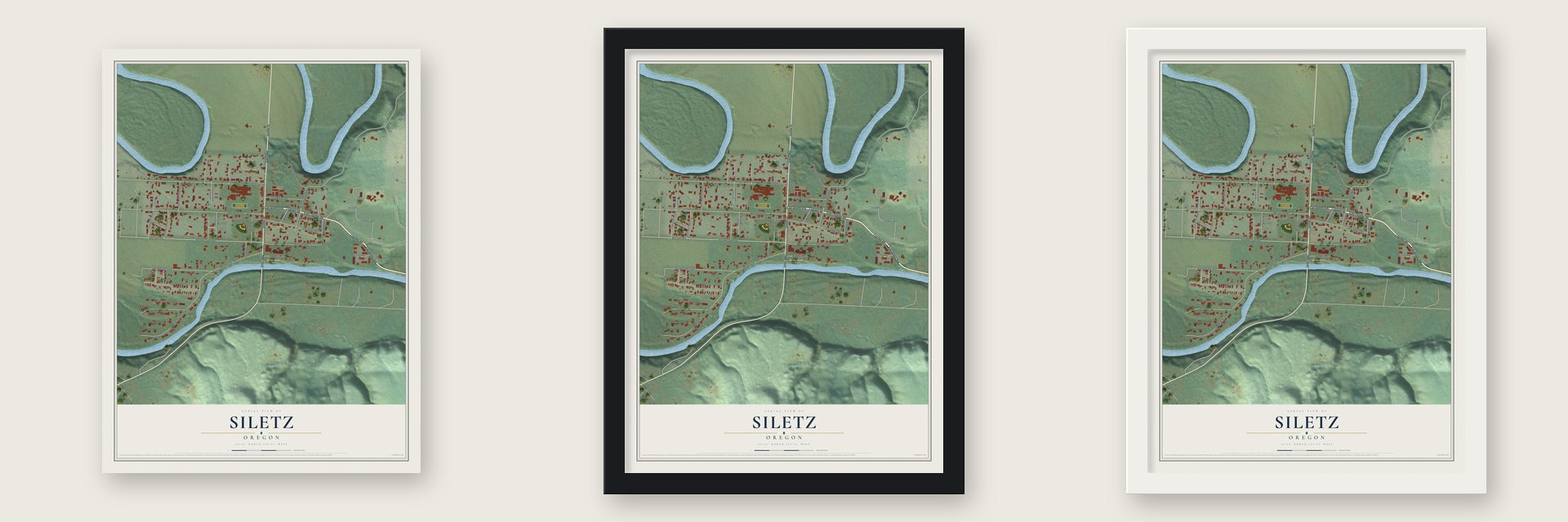 Siletz, Oregon map unframed, in a black wood frame and in a white wood frame