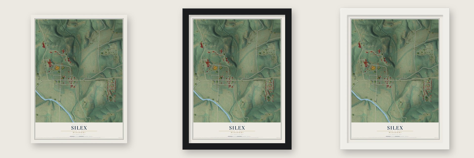 Silex, Missouri map unframed, in a black wood frame and in a white wood frame