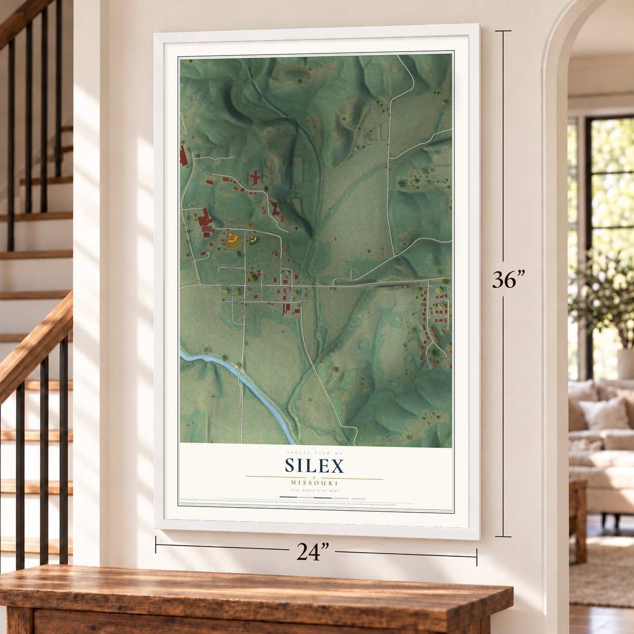 Silex, Missouri map, 24 x 36 inch print in a white frame by a staircase